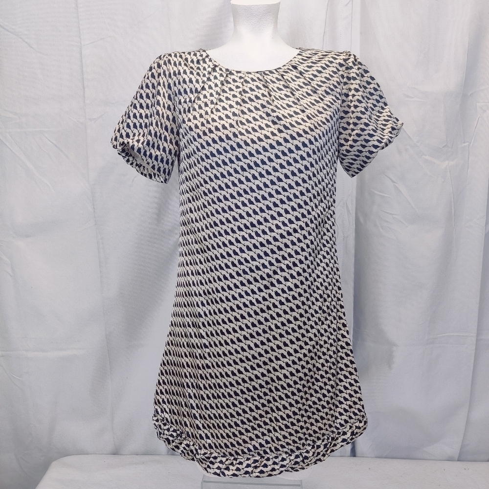 INK Black Bird Silk Dress Womens Med Pleated Jewel Neckline Short Bubble Sleeve